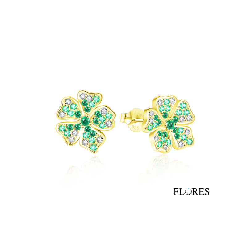Pendientes Plata Dorada Flor Esmeralda 2025283/E | 45,00 € | Joyería Flores